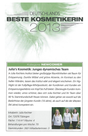 Artikel: Beste Kosmetikerin 2013 Kategorie Newcomer.